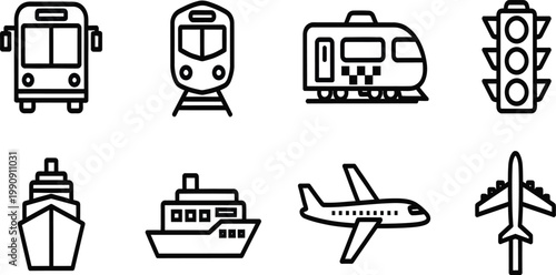 Set of diverse transportation icons: bus, subway train, tram, airplane, ship, ferry, traffic light