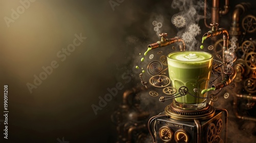 A steampunk-style green tea latte sits atop a copper machine, surrounded by gears, cogs, and steam, with a dark industrial background and warm lighting.