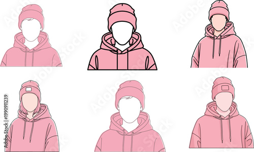 Set of smiling women and family characters in a pink and white vector illustration featuring a grandmother, woman, and child in a love filled cartoon style