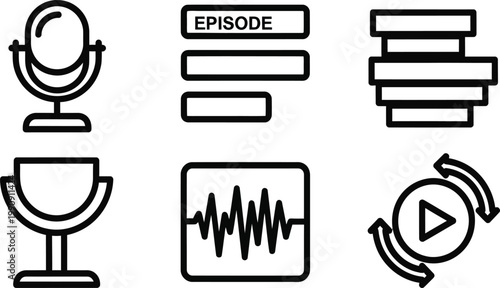 Podcast and Audio Recording Icons: Microphone, Playlist, Sound Wave