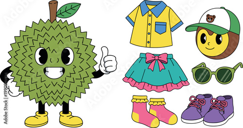 Cute durian mascot and kids outfit vector set with cartoon fruit character clothing accessories illustration collection