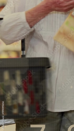 Shopper picking cheese and checking label in store aisle with charts rising while placing in basket