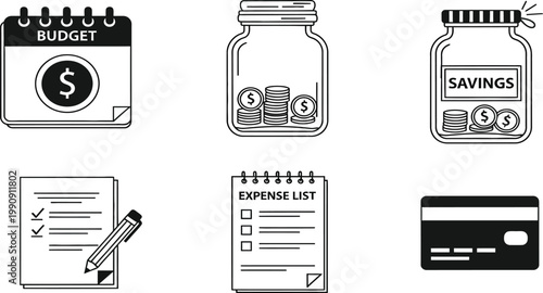 Financial Planning Icons: Budget, Savings, Expense List & Credit Card