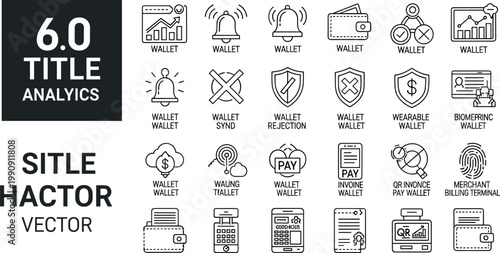 Payment analytics wallet notification rejection biometric QR invoice merchant billing terminal fintech outline vector icon collection set