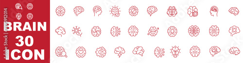 Brain icon set. Anatomy, internal organ, intelligence, psychology, mental health, neurons symbol. Vector illustration. Flat design. Editable stroke. Isolated on a white background.