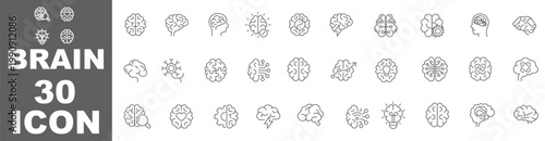 Brain icon set. Anatomy, internal organ, intelligence, psychology, mental health, neurons symbol. Vector illustration. Flat design. Editable stroke. Isolated on a white background.