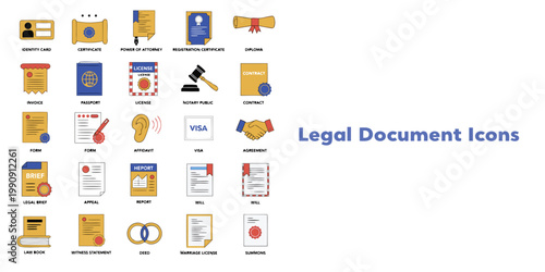 Legal document icons including passport, contract, certificate, and legal forms for law and justice concepts.