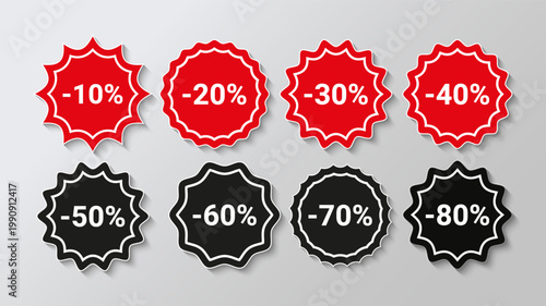 Price drop red and black promo boxes, stamps. Discount star burst stickers, splash badges. Set of circle tag product labels. Starburst shapes isolated on white background. Vector illustration.