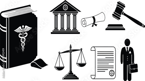 Legal and Medical Justice Symbols with Courtroom Elements