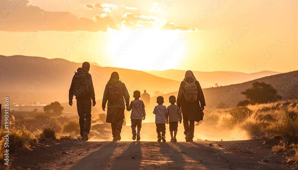 Obraz premium A family walks down a dusty road at sunset