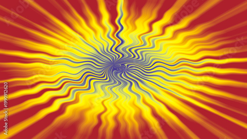 Abstract optical illusion background with blue yellow swirling wavy center, radiant expanding waves, red backdrop, hypnotic dynamic motion, and vibrant geometric decorative layout