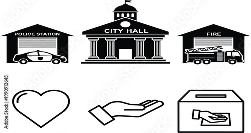 Public Services Icons: City Hall, Police, Fire Station, Charity, Support