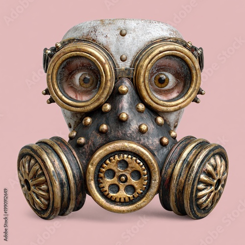 vintage gas mask with round goggles and metallic details isolated on a soft pink background in a surreal industrial portrait