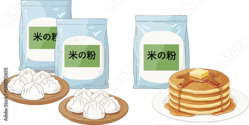Rice Flour Food Vector Illustration Featuring Dumplings, Buns, and Pancakes with Butter and Syrup for Culinary and Educational Designs
