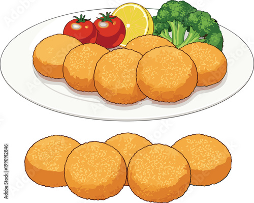 Fried Croquette Vector Illustration Featuring Golden Nuggets with Tomato, Lemon, and Broccoli Garnish for Culinary and Branding Designs