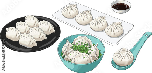 Dumpling Vector Illustration Featuring Black Plate, White Dish, Turquoise Bowl, and Spoon with Sauce for Culinary and Branding Designs