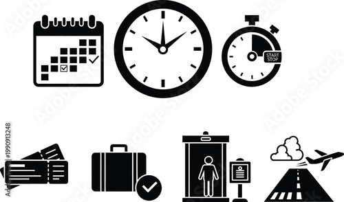 Time Management Icons: Calendar, Clock, Stopwatch, Tickets, Luggage, Security Check, Airplane
