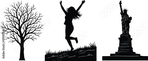 Tree human Statue of Liberty silhouettes icon illustration, cultural nature artwork design, symbolic posture concept symbol graphic, black white professional representation