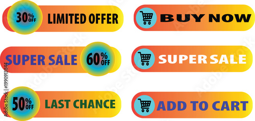 Colorful sale badges with shopping cart icons for promotions