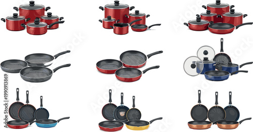 Cookware sets collection with pots and frying pans nonstick kitchen utensils various colors vector illustration isolated design elements