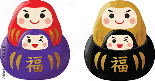 Daruma Doll Vector Illustration Featuring Red, Purple, Gold, and Black Designs with Fortune Symbols for Cultural and Branding Use