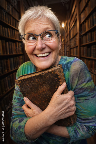 Glückliche Seniorin mit Brille freut sich über einen wertvollen Buchschatz