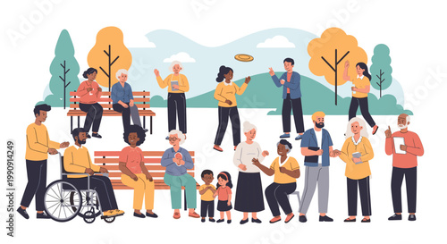 Diverse group of people of all ages and abilities enjoying a sunny day in a park with trees and hills.