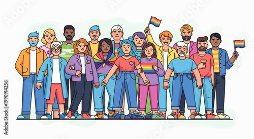 A diverse group of people of various ages, genders, and ethnicities standing together, many holding rainbow flags, celebrating LGBTQ+ pride and diversity.