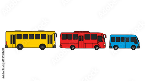 Set of Three Colorful Passenger Buses in Different Sizes.