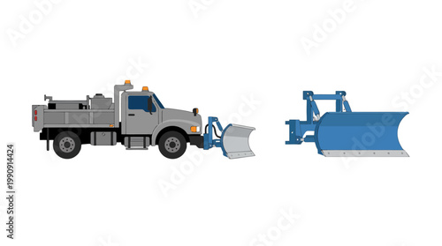 Vector illustration of a grey snow plow truck and a separate blue snow plow blade attachment.