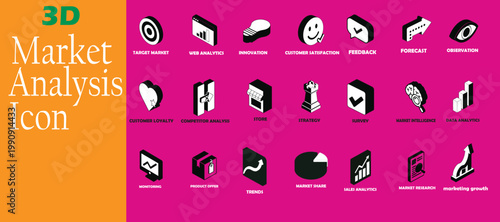 set of 3d market analysis icons in flat design vector illustration