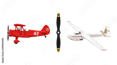 Set of isolated vintage aircraft and propeller icons.
