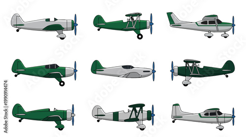Set of Various Vintage and Modern Propeller Airplanes.