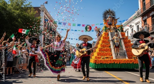 Mexican festival parade with musicians Cino de Mayo