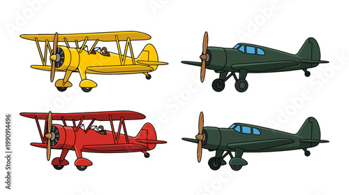 Set of vintage biplanes and propeller airplanes in cartoon style.