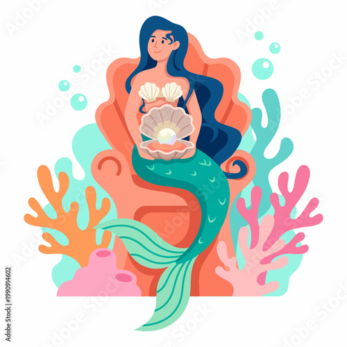 A charming mermaid sits amidst vibrant coral, holding a pearl within an oyster shell, embodying the magical allure of underwater exploration and fantasy art.