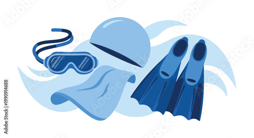 Scuba diving gear including flippers, mask, snorkel, and cap on a white background with blue waves.