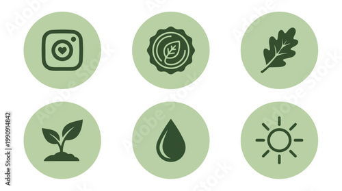 Set of six eco-friendly icons representing social media, plant growth, nature, water conservation, and sunlight