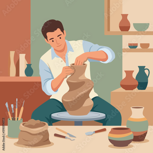 A male potter skillfully crafting a clay vase, embodying the essence of artistry and craftsmanship with tools by his side in a welcoming workspace filled with pottery.