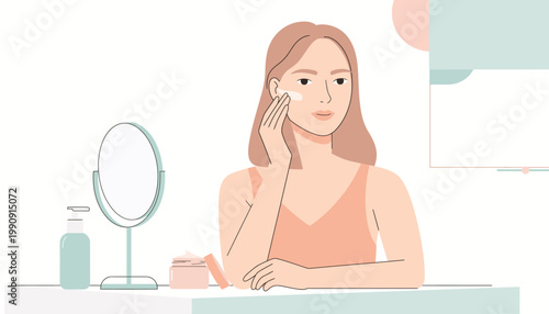 Woman applies skincare products in bathroom with mirror and bottle nearby