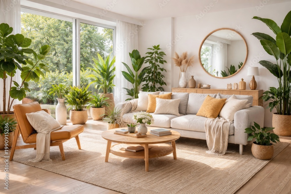 Fototapeta premium Sunny modern living area with Scandinavian furniture and vibrant indoor plants