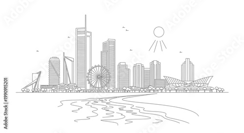 City skyline with ferris wheel and buildings.