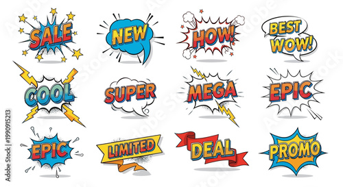 Comic Book Style Speech Bubbles: Sale, New, Deal, Promo, Epic, Cool