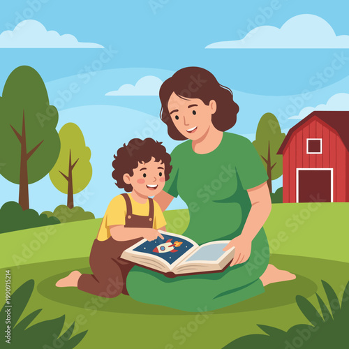 A peaceful illustration of a mother reading a book to her child in a serene outdoor setting, highlighting the importance of storytelling and nurturing bonds in nature.