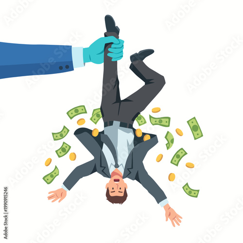 A humorous depiction of a businessman being lifted by a giant hand clutching cash, symbolizing the financial success and allure of wealth in the business world.