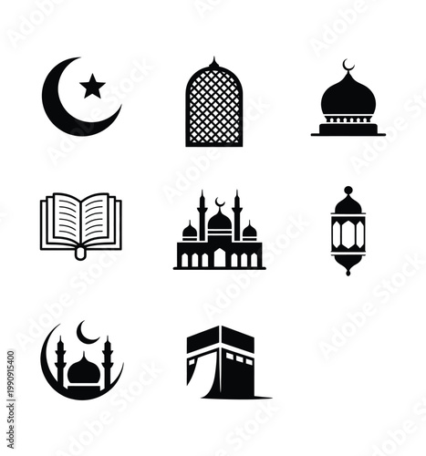 Set of islamic cultural symbols such as mosque crescent moon star ancient book and arab lantern suitable for eid mubarak.