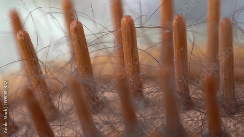 4K macro video of hair strands trapped in a comb, showcasing the comb's teeth and fine texture. Detailed close-ups highlighting hair care, styling, hygiene, and daily routines. Hair loss issue.