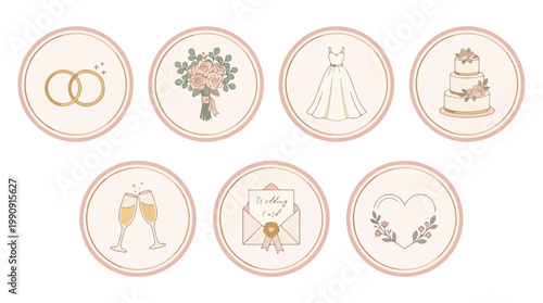 Set of elegant pastel-colored wedding icons including rings bouquet dress champagne glasses and cake for celebration