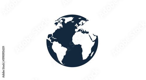Global Earth Icon, World Map Silhouette, Dark Blue Planet on White Background