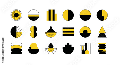 Abstract Geometric Shapes Collection, Minimalist Design, Yellow and Black Icons